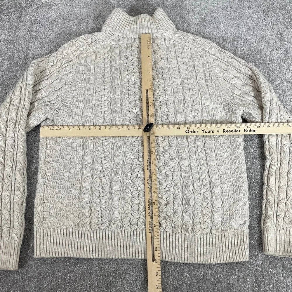 LL Bean Sweater Mens Medium Fisherman Cable Knit Cream Knot Button Mock Neck